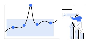 Yükselen grafikte veri eğilimlerini analiz eden bir adam. İş, büyüme, analitik, strateji, arama optimizasyonu, yatırım için ideal, basit düz metafor