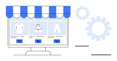 Çizgili tenteli ve aksesuarlı bilgisayar monitörü aşağıda alışveriş arabasının düğmeleri ve arka planda vitesler. E-ticaret, mağaza kurulumu, pazarlama, alışveriş, perakende için ideal