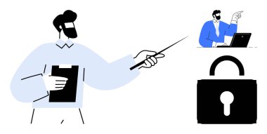 Erkek profesyonel stratejiler sunuyor. Pano ve işaretleyici kullanıyor. İş arkadaşı laptopta iş birliği yapıyor. Veri koruması, eğitim, takım çalışması ve teknoloji için ideal