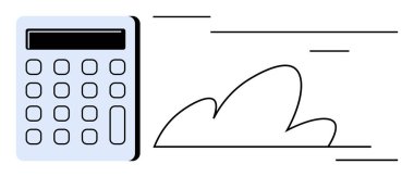Bir bulutun yanında, dinamik çizgilerle çevrili bir hesap makinesi modern finans, bulut hesaplama ve hızı gösteriyor. Muhasebe, fintech, bütçe, hesaplamalar, verimlilik ve yenilik için ideal