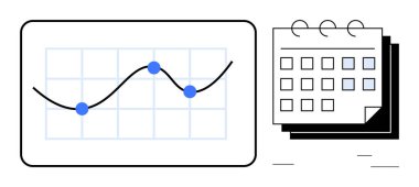 Şebeke üzerinde veri noktaları olan çizgi grafiği ve işaretli günleri gösteren takvim şablon gözlemi, zaman çizelgesi planlama. Veri analizi, zamanlama, proje yönetimi, planlama, strateji için ideal