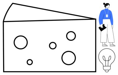 Delikli büyük peynir dilimi, ampul ve elinde pano tutan kadın. Yaratıcılık, beyin fırtınası, yenilik, problem çözme, fikir üretimi ve araştırma konuları için idealdir. Basit düz