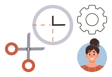Kesme çizgileri ve makaslı saat, ayarları temsil eden teçhizat ve gülümseyen kadın portresi. Zaman yönetimi, üretkenlik, planlama, organizasyon, iş akışı verimliliği, çoklu görev