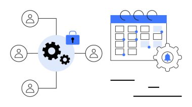 Takım çalışması için avatarlara bağlı dişli simgeleri, veri güvenliği için güvenli kilit simgesi ve görev yönetimi için ayarları olan takvim. Proje planlaması, takım işbirliği, zamanlama ve veri için ideal