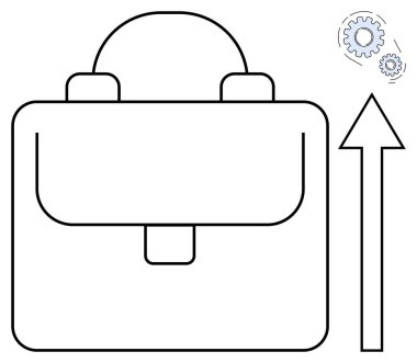 Yukarı doğru ok ve küçük vitesli çanta kariyer büyümesini, profesyonel başarıyı ve üretkenliği simgeler. İş için ideal, strateji, fırsat, gelişme, gelişme, yenilik basit