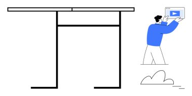 Gösterişsiz masa yapısı ve bulutun yanında video içeriği bulunduruyor. Eğitimler için ideal, e-öğrenim, yaratıcılık, minimalizm, tasarım, üretkenlik, basit iniş sayfası