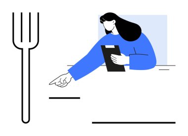 Pano tutan kadın figürü, bitişik çatal elementi olan modern minimalist tarzda bir objeye işaret eder. Yönetim, organizasyon, yön, karar verme, yemek, değerlendirme için ideal basit