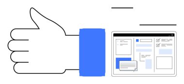 Formlar, kontrol listeleri ve mesajlaşmalarla biçimlendirilmiş dijital arayüzün yanında baş parmak hareketi. Onay, üretkenlik, geri bildirim, iş akışı, kullanıcı arayüzü, işbirliği için ideal basit düz