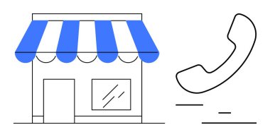 Telefon ahizesinin yanında mavi tenteli olan küçük bir perakende dükkanı, iletişimi simgeliyor. Perakende, küçük işletme, müşteri hizmetleri, iletişim, destek, yardım, basit iniş sayfası için ideal