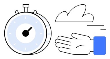 Kronometre izleme süresi, bulut hareketi, el hareketini sembolize ediyor. Üretkenlik, verimlilik, son teslim tarihi, zaman tasarrufu, hareket, görev yönetimi için ideal basit iniş sayfası