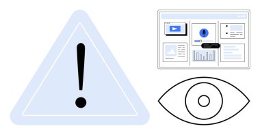Üçgendeki ünlem işareti uyarı işareti, web gösterge paneli verileri analiz ediyor, göz sembolü gözlemi gösteriyor. Gözetleme, uyum, analiz, uyarı bildirimleri, çevrimiçi güvenlik, alarmlar için ideal
