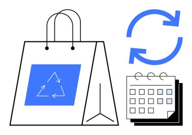 Geri dönüşüm sembollü alışveriş torbası, planlama takvimi, çevre dostu uygulamaları vurgulayan yenilenen oklar. Geri dönüşüm, eko alışkanlıkları, perakende, sürdürülebilirlik, planlama ve zaman için ideal