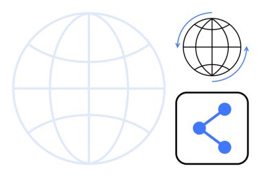 Döndürme okları olan dünya ızgarası ve birbirine bağlı düğümlerle simge paylaşımı. Teknoloji, iletişim, ağ, küreselleşme, bilgi paylaşımı, dijital pazarlama, basit iniş için ideal