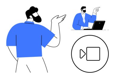 Tartışan iki kişi, biri el kol hareketi ve diğeri dizüstü bilgisayarın yanında işaret ediyor. Video arama simgesi çevrimiçi etkileşim öneriyor. Uzak çalışma, iletişim, işbirliği, takım çalışması için ideal