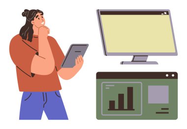 Elinde bir tablet, büyük bir monitör ve analitik gösterge paneli tutan düşünceli bir birey. Analiz ve karar verme mekanizması. İş, teknoloji, veri analizi, strateji, pazarlama ve eğitim için ideal