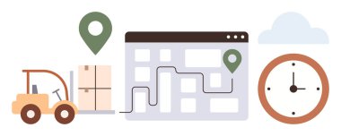 Forklift kaldırma kutuları, rota haritası konum pimleri ve saat teslimatı, zaman yönetimi ve tedarik zinciri operasyonlarını sembolize ediyor. Lojistik, ulaşım, verimlilik, planlama takibi için ideal