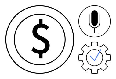 Daire şeklinde dolar, ses girişi için mikrofon, onay işaretli teçhizat. Finans, iletişim, teknoloji, yazılım, üretkenlik, yaratıcılık için ideal basit iniş sayfası
