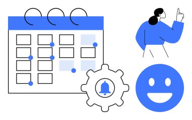 Vurgulanan olaylar takvimi, bildirim teçhizatı, gülen yüz ve el kol hareketi. Üretkenlik, zamanlama, hatırlatıcılar, organizasyon, kullanıcı arayüzü planlaması ve basit bir iniş sayfası için ideal
