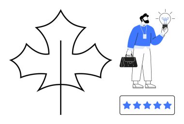 Mavi gömlekli bir adam çizilmiş yaprak ve yıldız değerlendirme panelinin yanında parlayan bir ampul tutuyor. Sürdürülebilirlik, yenilik, eko-çözümler, minimalizm, geri bildirim, yaratıcı düşünce, enerji için ideal