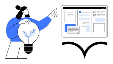 İçinde bir dal olan ampulü tutan bir kadın interaktif dijital ekran düzeni ve tasarımlarına işaret ediyor. Yenilik, teknoloji, yaratıcılık, eğitim, takım çalışması, strateji için ideal