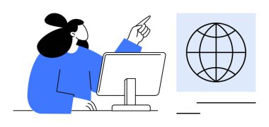 Masadaki kadın bilgisayar kullanıyor, dünya haritası diyagramına işaret ediyor. Küresel ticaret, eğitim, iletişim, uzaktan çalışma, uluslararası işbirliği, teknoloji yeniliği için ideal. Basit düz