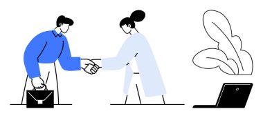 İki meslektaş el sıkışıyor, biri evrak çantası tutuyor, dizüstü bilgisayar ve bitkinin yanında. İş ortaklıkları, takım çalışması, işbirliği, anlaşmalar, ağ oluşturma, profesyonellik için ideal