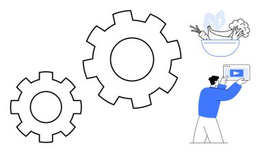 İki büyük vites, taze sebzeli bir kase ve elinde bir oyun düğmesi olan bir kişi. Üretkenlik, teknoloji, sağlık, yaratıcılık, sağlık, medya sade iniş sayfası için ideal
