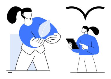 İki kişi eko-fikir alışverişinde bulunuyor, biri bir yaprak tutuyor ve diğeri tablet kullanıyor, eko-odaklanmayı vurguluyor. Sürdürülebilirlik, takım çalışması, ekolojik yenilik, işbirliği, eğitim, farkındalık için ideal