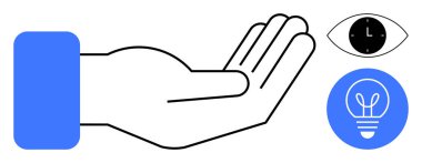 Yaratıcı bir ampul ve saat gözüyle elini aç. Zaman yönetimi, yenilik, destek, yaratıcılık, üretkenlik, takım çalışması, motivasyon için ideal. Basit bir iniş sayfası için mükemmel.