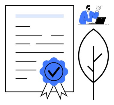 Mavi kurdele işaretli sertifika kağıdı, eko-arkadaşlığı temsil eden stilize yaprak ve dizüstü bilgisayardaki sinyal incelemesindeki kişi. Onay, sürdürülebilirlik, eko-sertifika için ideal