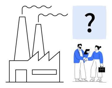 Fabrika binası bacaları, iki iş adamı el sıkışıyor ve soru işareti sembolü. Sanayi, imalat, iş ortaklıkları, kararlar, işbirliği, sözleşmeler için ideal