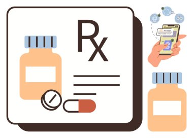 Sağlık takibi için mobil uygulama kullanan bir elin yanında ilaç şişeleri, haplar ve reçete defteri. Sağlık, eczane, teletıp, tıbbi yenilik, teknoloji, sağlık için idealdir.