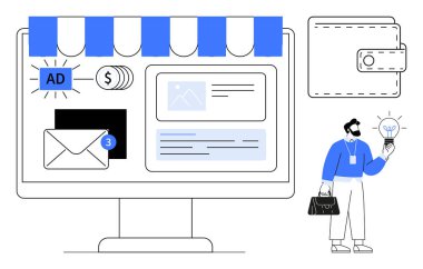 Çevrimiçi dükkanda vitrindeki elementler monitörde, cüzdan ikonu, evrak çantası ve ampulü olan iş adamı. E-ticaret, pazarlama, yenilik, reklam, çevrimiçi iş, girişimcilik için ideal