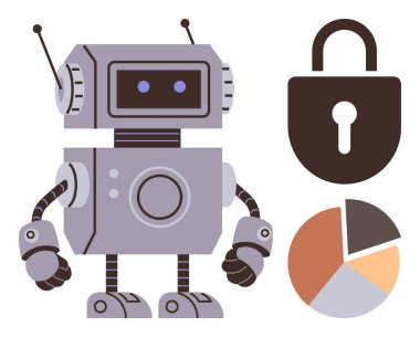 Kilit ve pasta grafiğinin yanında siber güvenlik, veri koruması, yapay zeka, analitik, otomasyon ve gelecekteki teknolojiyi gösteren dostane bir robot. Yenilik için ideal, yapay zeka çözümleri, ve basit düz