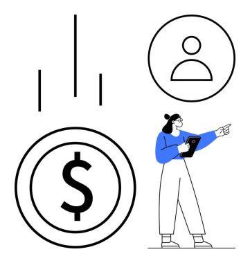 Elinde tablet, profili ve dolar işaretini gösteren bir kadın. Finans, iş büyümesi, yatırım, pazarlama, kullanıcı içgörüsü, girişimcilik için ideal, basit bir iniş sayfası