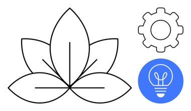 Dişli siyah nilüfer ve mavi ampul dengeyi, yeniliği, yaratıcılığı, büyümeyi, farkındalığı, teknolojiyi ve yenilenebilir enerjiyi sembolize eder. Sağlık ve eko-tasarım sektörü için ideal