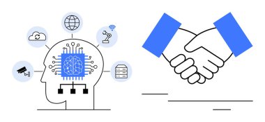 Teknoloji ikonlarına bağlı devreleri olan beyin bulutları, robotları ve CCTV 'yi destekliyor. AI ortaklığı, yenilik, işbirliği, makine öğrenimi, IOT, teknoloji için ideal