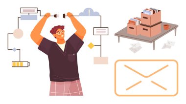 Kişi, dosya kutuları, akış şemaları ve zarf simgesiyle birlikte elektrik kabloları ile veri bağlantılarını düzeltir. İletişim, takım çalışması, iş akışı, veritabanı, ofis, organizasyon yönetimi için ideal