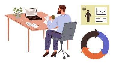 Bilgisayarı, grafiği ve bisiklet diyagramı olan bir masada oturmuş kağıtları inceleyen bir adam. İş yeri, verimlilik, analiz, planlama, organizasyon verimliliği iş akışı konsepti için idealdir. Çok basit