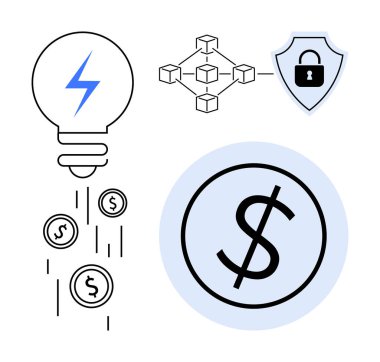 Ampullerin bozuk para akıtması, kalkanlara bağlanan engelleme ağı, güvenli işlemleri sembolize eden dolar işareti. Engelleme zinciri, dijital para birimi, yenilik, fintech, güvenlik, yatırım için ideal