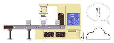 Endüstriyel robot fabrikadaki taşıma bantlarındaki ürünleri inceliyor. Pencere hatası uyarısı. Otomasyon teknolojisi, imalat, robotik, kalite kontrolü, endüstriyel loto, verimlilik, basit