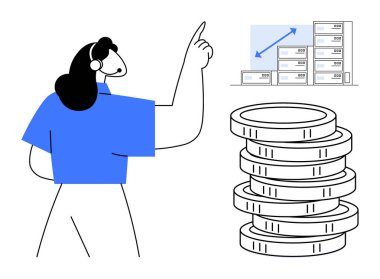 Kendine güveni tam bir kadın madeni para yığınının yanındaki finansal büyüme grafiğine işaret ediyor. İş, finans, yatırım, tasarruf, ekonomi, karlılık, girişimcilik konuları için idealdir. Basit düz metafor