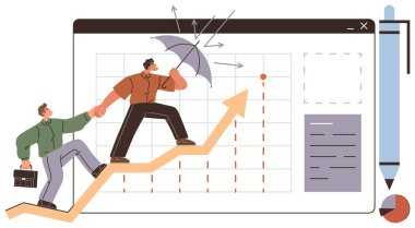 Meslektaşlar ok şeklindeki grafiğe tırmanıyorlar, biri korunmak için şemsiye tutuyor. Takım çalışması, liderlik, büyüme, destek, zorluklar, iş stratejisi ilerleme metaforu için idealdir. Basit düz metafor