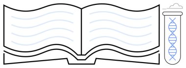 Çift sarmallı test tüpünün yanında akış çizgileri olan açık bir kitap. Eğitim, genetik, araştırma, biyoteknoloji, öğrenme, bilim ve yenilik için idealdir. Basit düz metafor