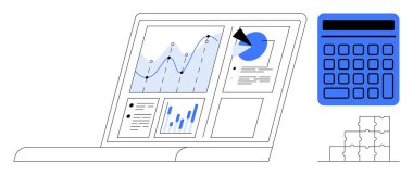 Analiz, pasta grafiği ve grafikleri bitişik mavi hesap makinesi ve istifleme bloklarıyla gösteren dizüstü bilgisayar. İş, analiz, strateji, finans, teknoloji planlama büyümesi için ideal. Düz