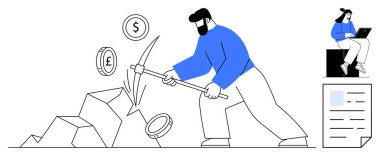 Adam kazmayla kayalara çarpıp bozuk para bırakıyor. Finans raporunun yanında dizüstü bilgisayarda çalışan bir kadın. Finans, kripto para birimi, yatırım, madencilik konsepti, ekonomi, döviz kuru için ideal