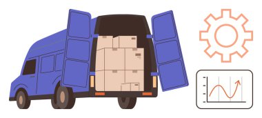 Karton kutularla dolu teslimat minibüsü, açık kapılar, lojistik yönetimi için teçhizat ve analitik için çizgi grafiği. Nakliye, lojistik, e-ticaret, depolama, izleme verileri için ideal