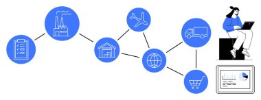 Üretimi, depoyu, ulaşımı ve perakendeciyi analitik gösterge paneline bağlayan işlem akışı. Lojistik, e-ticaret, iş akışı, tedarik zinciri, envanter yönetimi ticareti için ideal basit