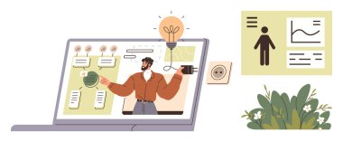 Dizüstü bilgisayarda fikirleri sunan adam grafikler, bitkiler ve yeniliği temsil eden bir ampul sunuyor. Uzaktan çalışma, çevrimiçi eğitim, beyin fırtınası, yaratıcılık, teknoloji ve e-öğrenim için ideal