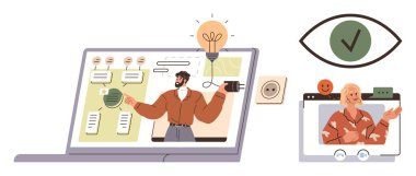 Çizelgeli dizüstü bilgisayarlar, takım çalışması, yenilikler için bir ampul, güç kavramları, gülümseyen sanal meslektaşlar. Takım çalışması için ideal, yaratıcılık, uzak çalışma, online toplantılar beyin fırtınası öğretim